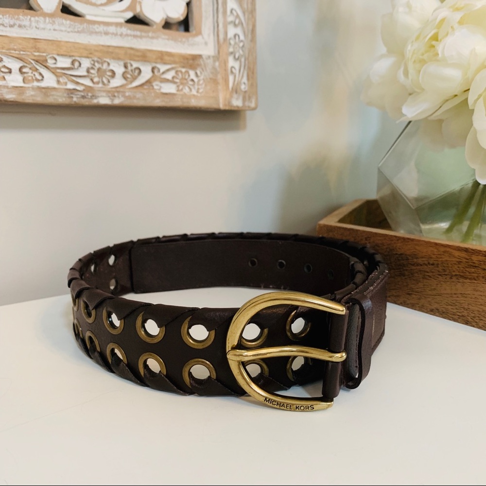 Michael by Michael Kors Brown Leather Gold Belt